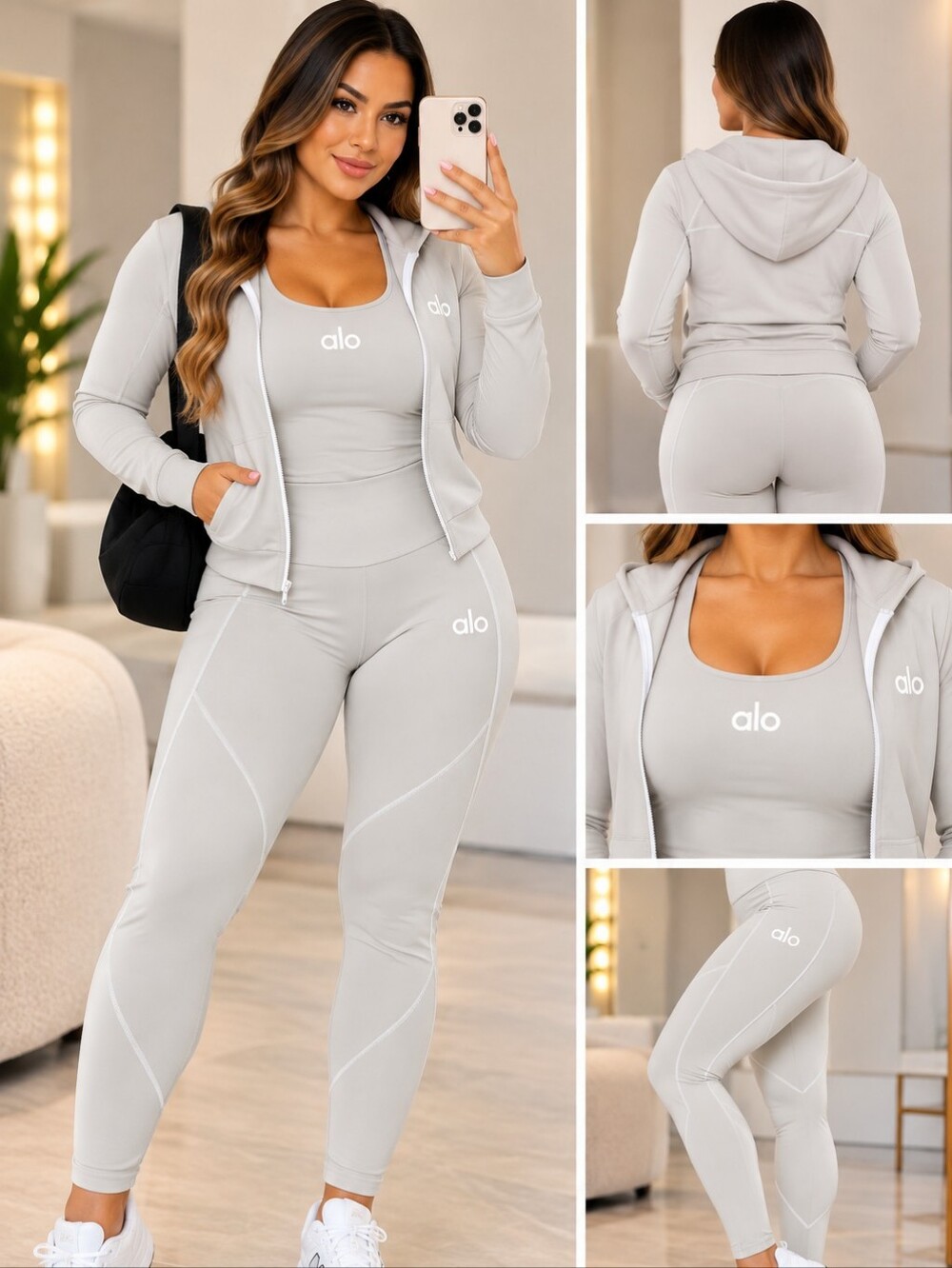 ALO Yoga Light Gray High-Waist Legging & Tank Set with Zip Hoodie